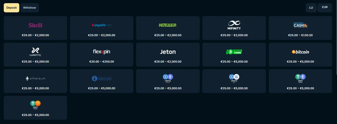Screenshot of Luckywands's cashier and payment methods