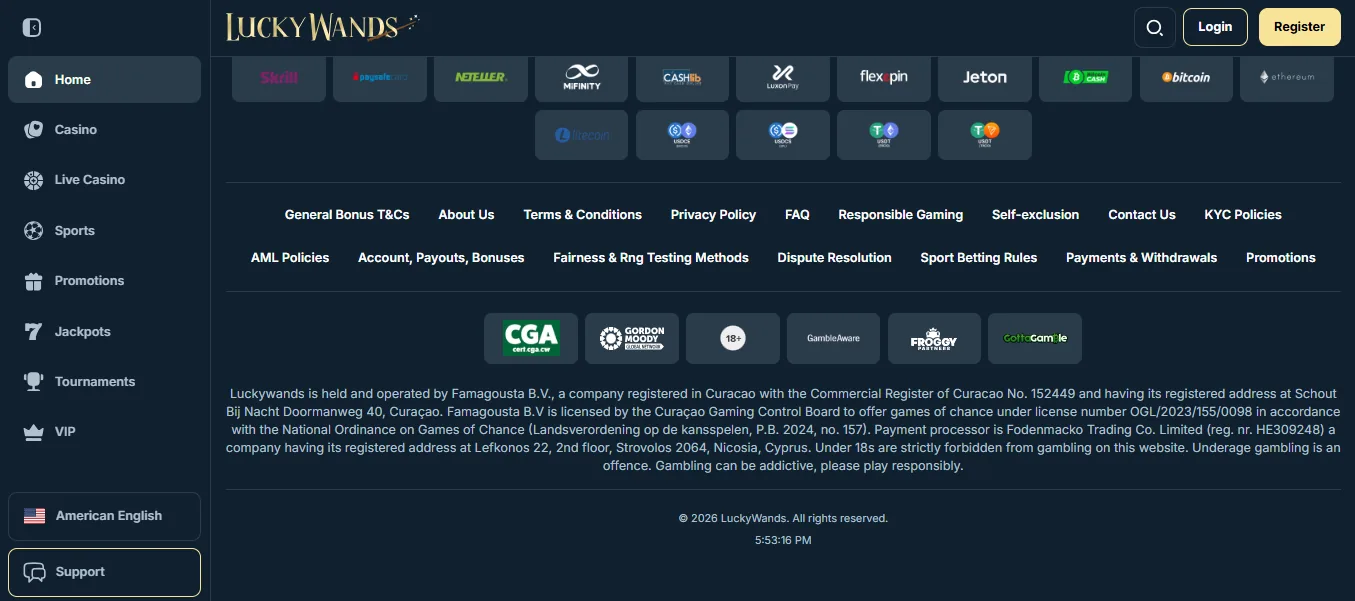 Screenshot of Luckywands's footer licence and regulator details