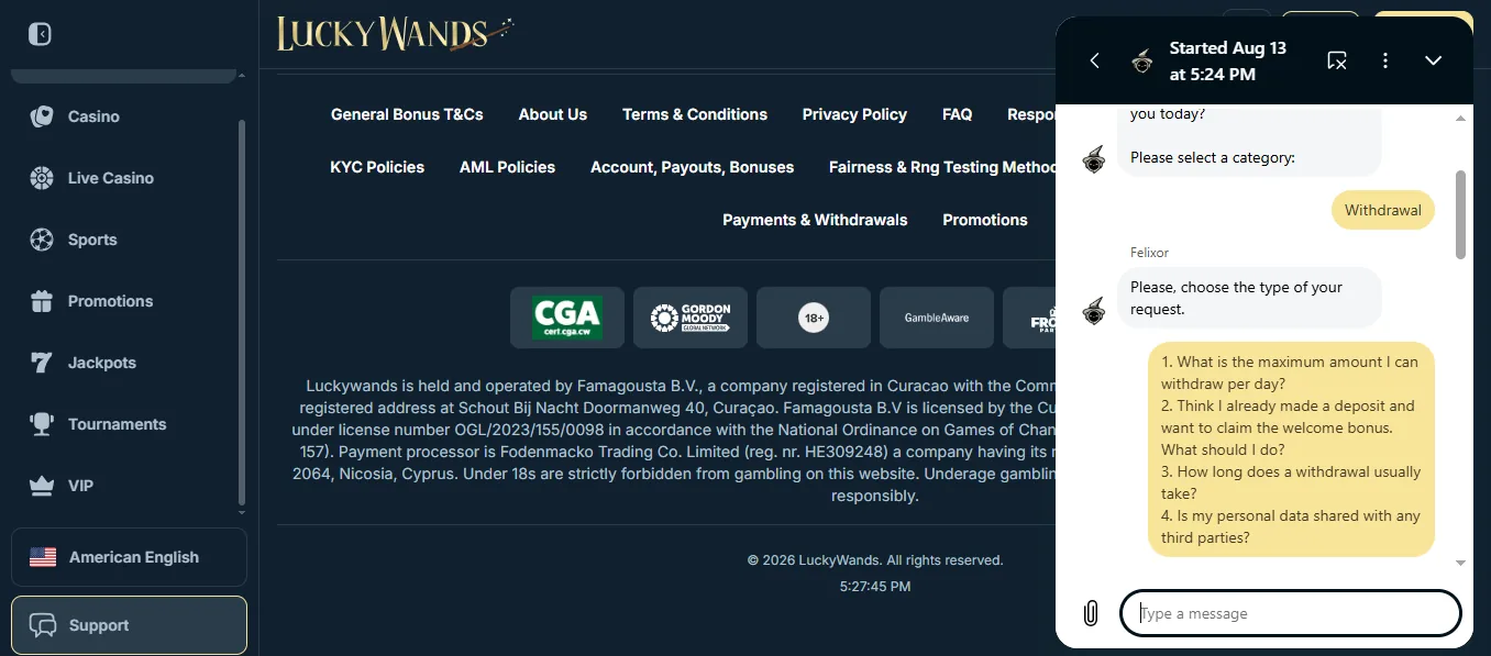 Screenshot of Luckywands's live chat support window