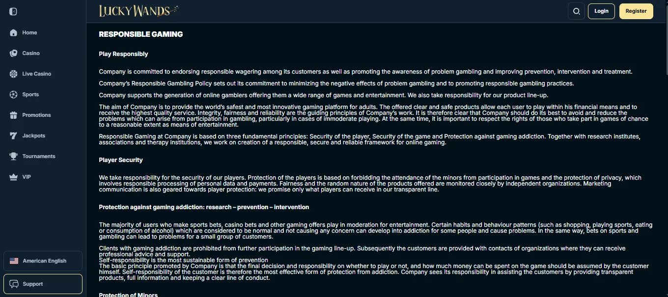 Screenshot of Luckywands's responsible-gambling tools
