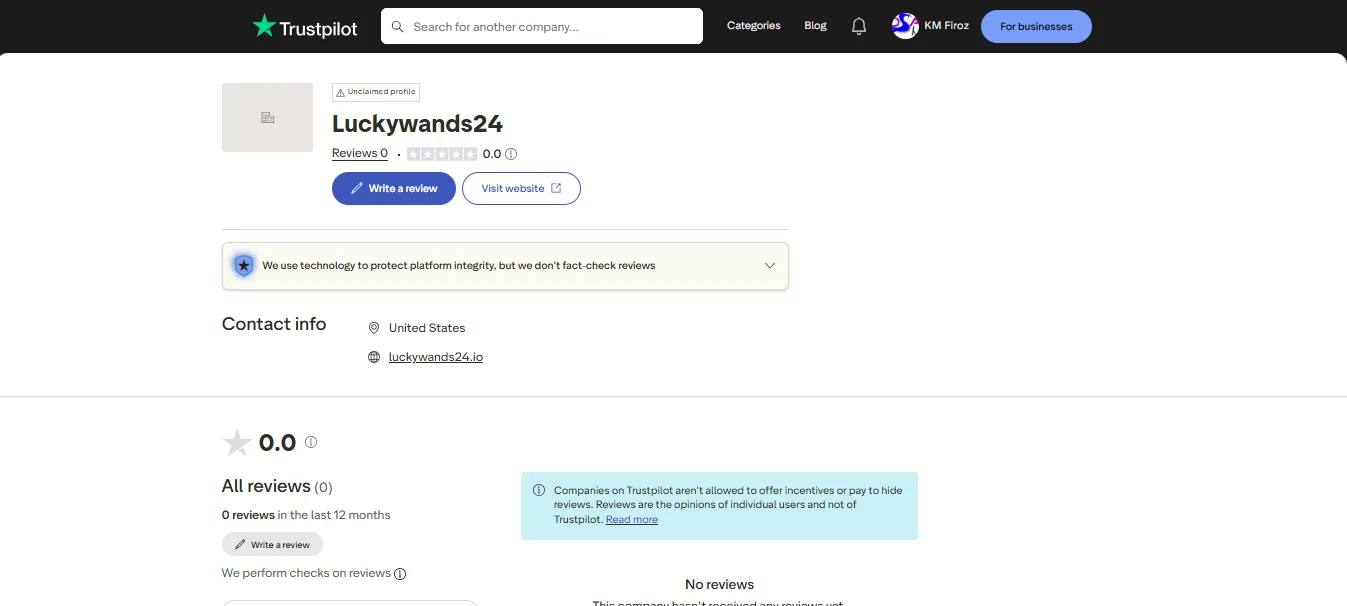 Screenshot of Luckywands's Trustpilot rating overview