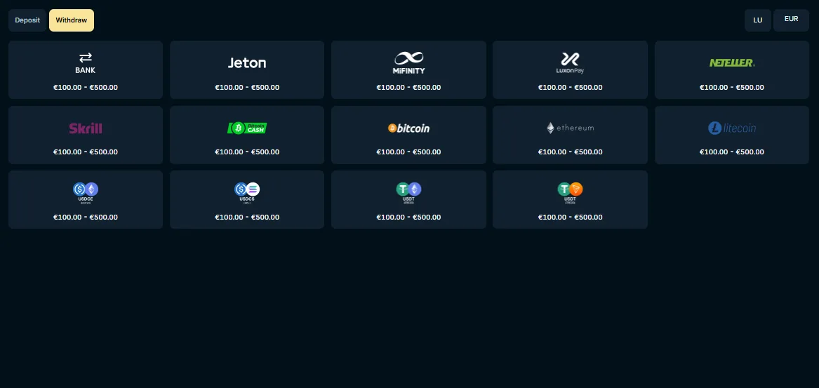 Screenshot of Luckywands's withdrawal section and limits
