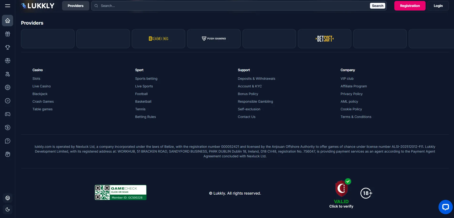 Screenshot of Lukkly's footer licence and regulator details
