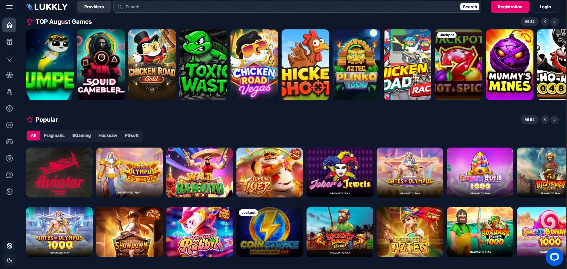 Screenshot of Lukkly's games lobby