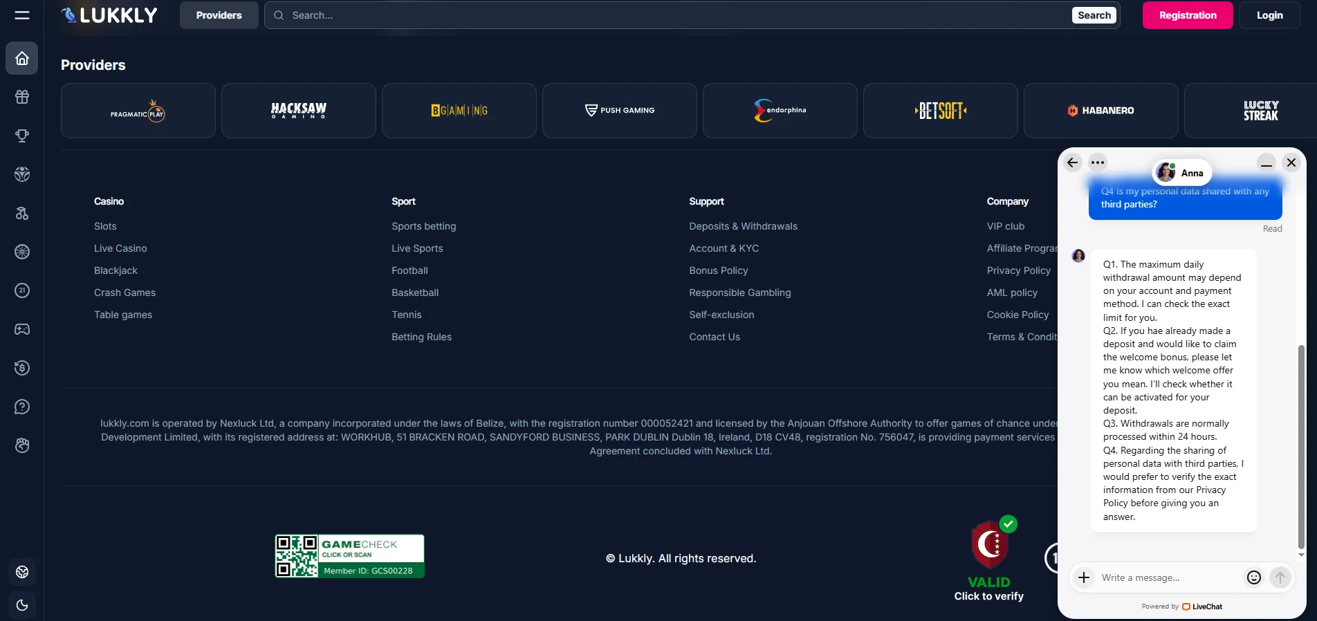 Screenshot of Lukkly's live chat support window