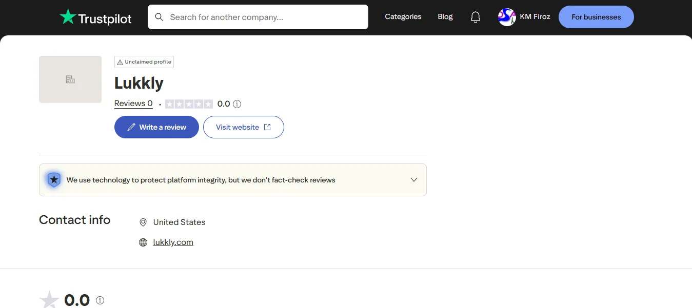 Screenshot of Lukkly's Trustpilot rating overview