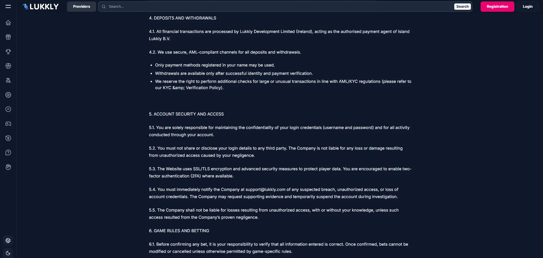 Screenshot of Lukkly's withdrawal section and limits