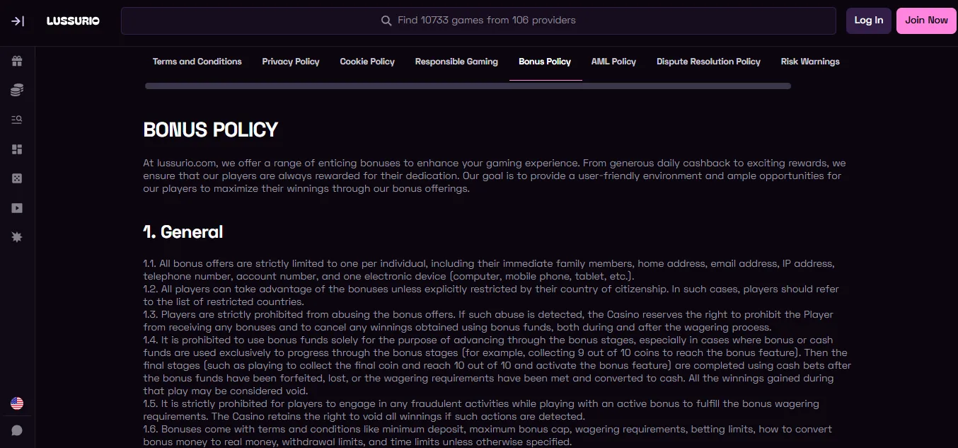 Screenshot of Lussurio's bonus terms and wagering requirements
