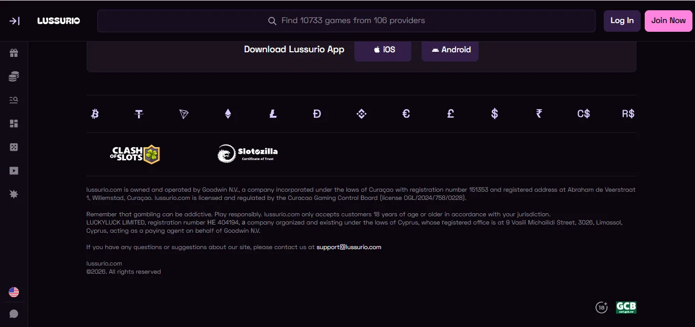 Screenshot of Lussurio's footer licence and regulator details