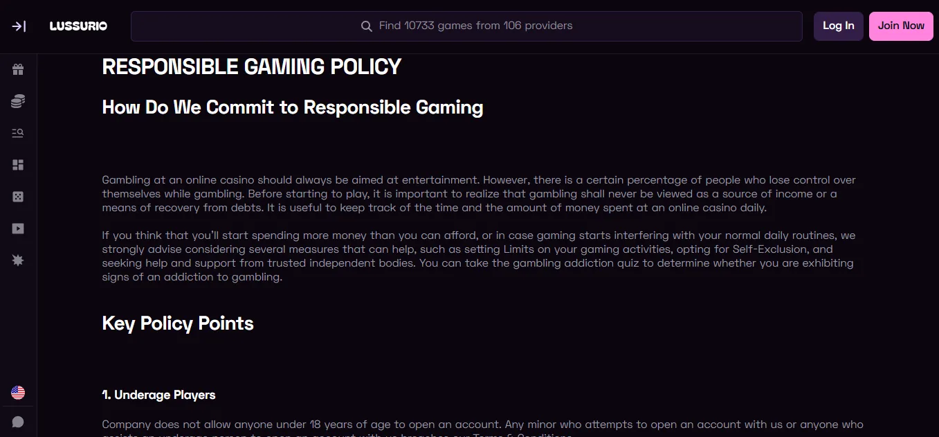Screenshot of Lussurio's responsible-gambling tools