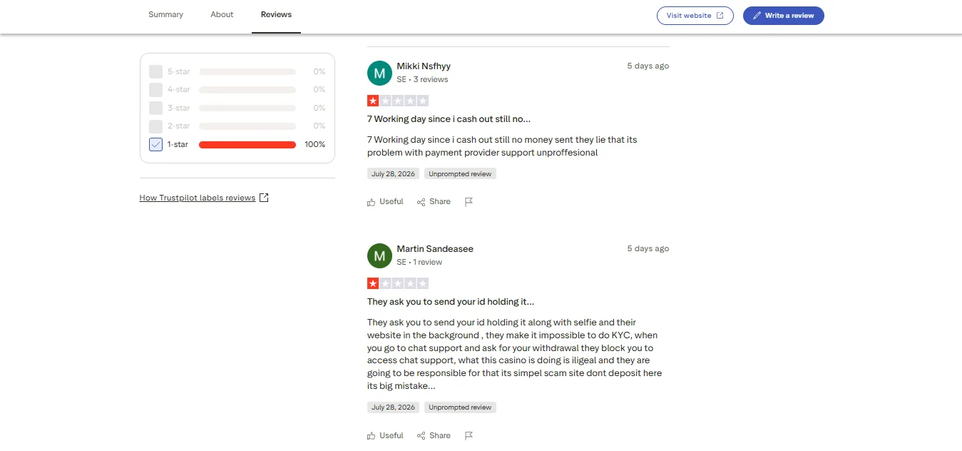 Screenshot of Lussurio's negative Trustpilot review