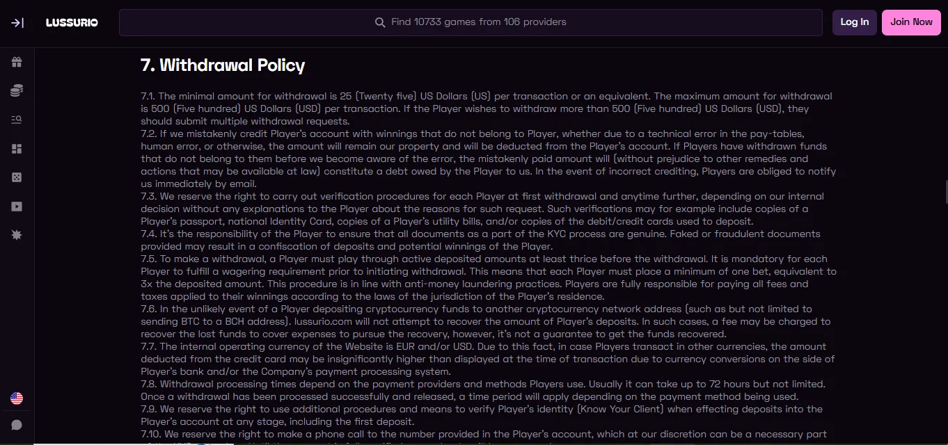 Screenshot of Lussurio's withdrawal section and limits