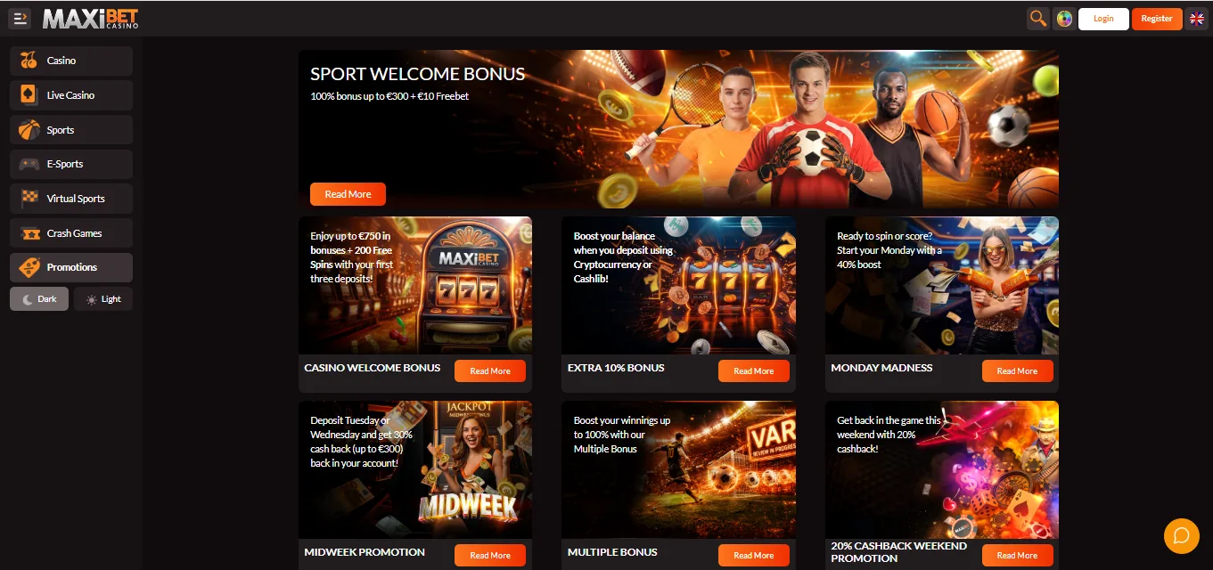 Screenshot of Maxibet Casino's welcome bonus offer