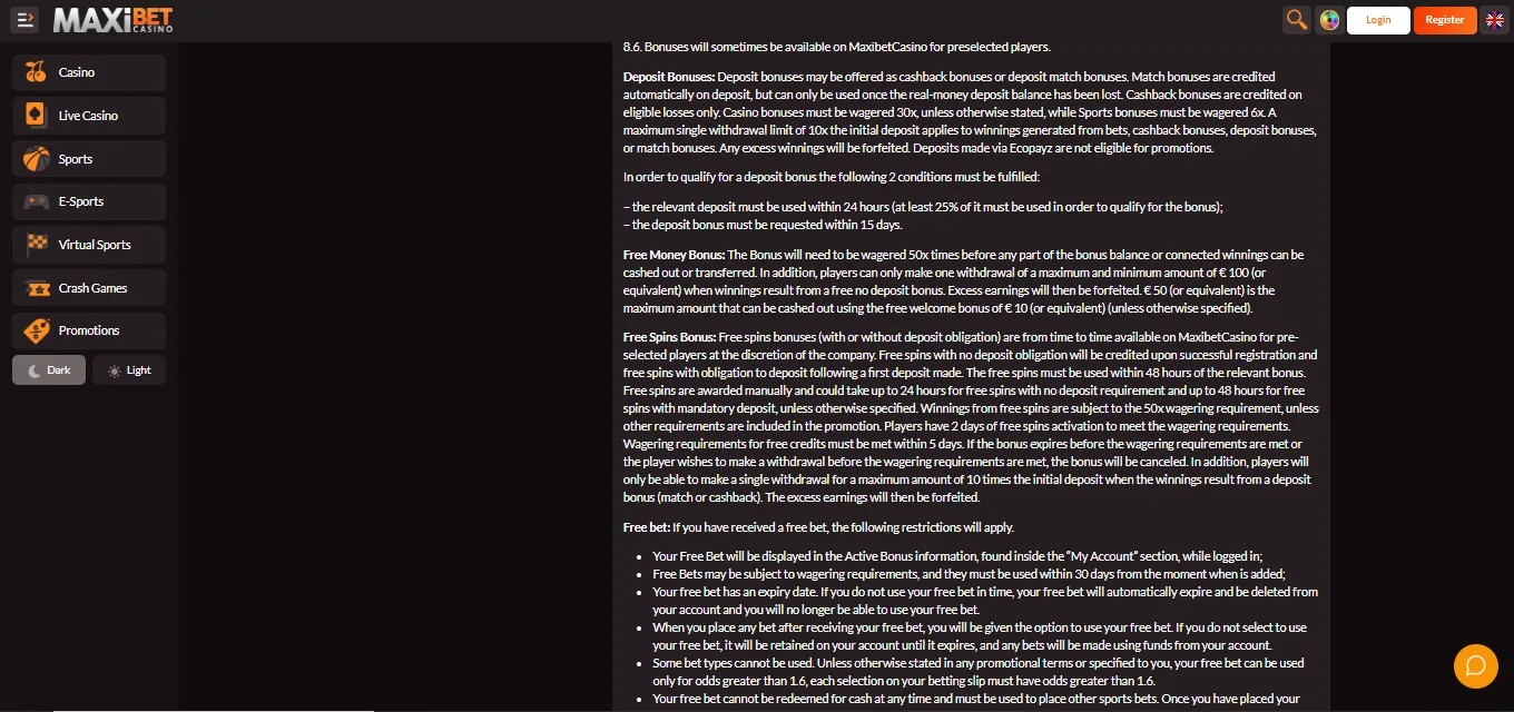 Screenshot of Maxibet Casino's bonus terms and wagering requirements
