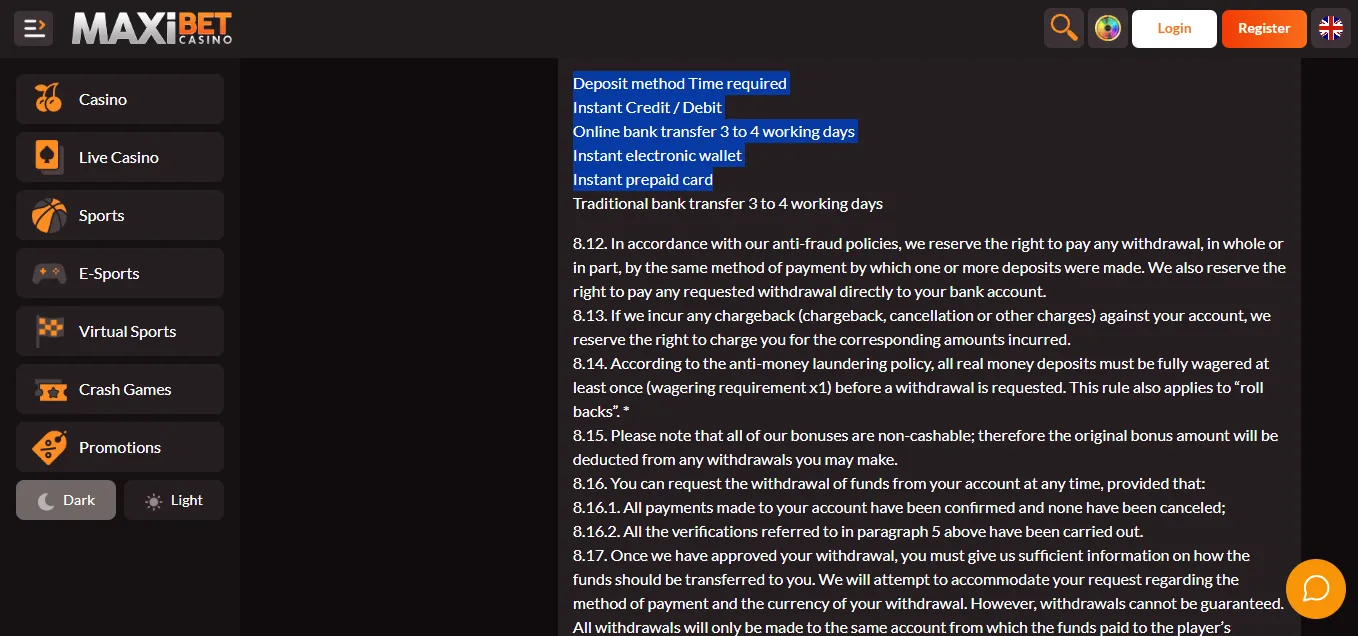 Screenshot of Maxibet Casino's cashier and payment methods