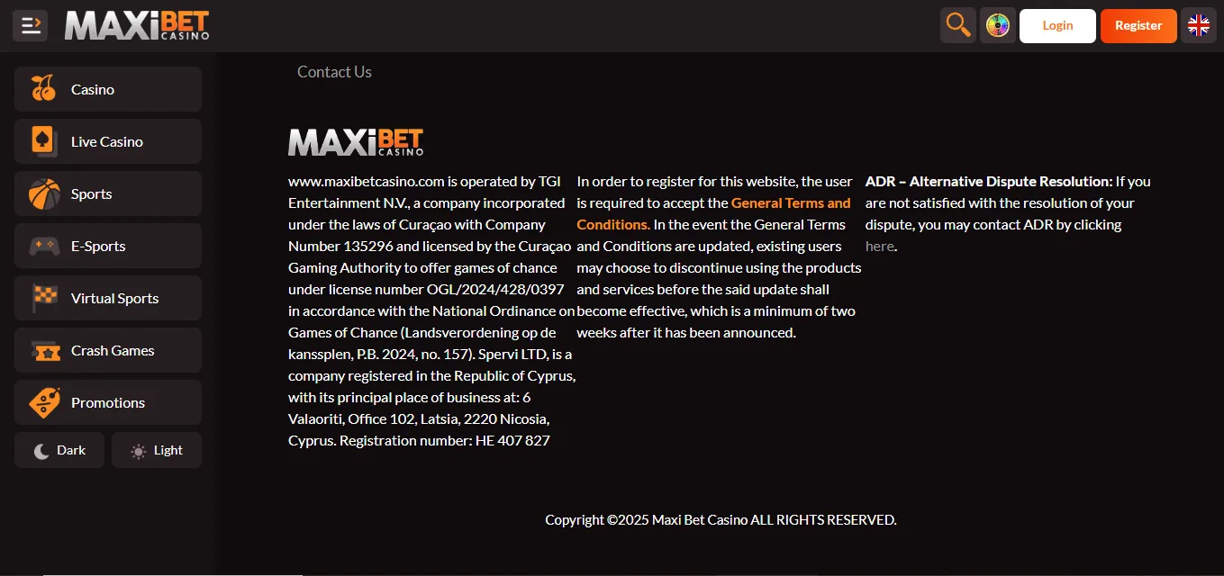 Screenshot of Maxibet Casino's footer licence and regulator details