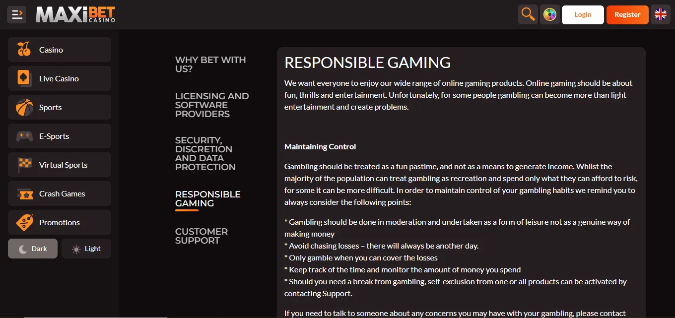 Screenshot of Maxibet Casino's responsible-gambling tools