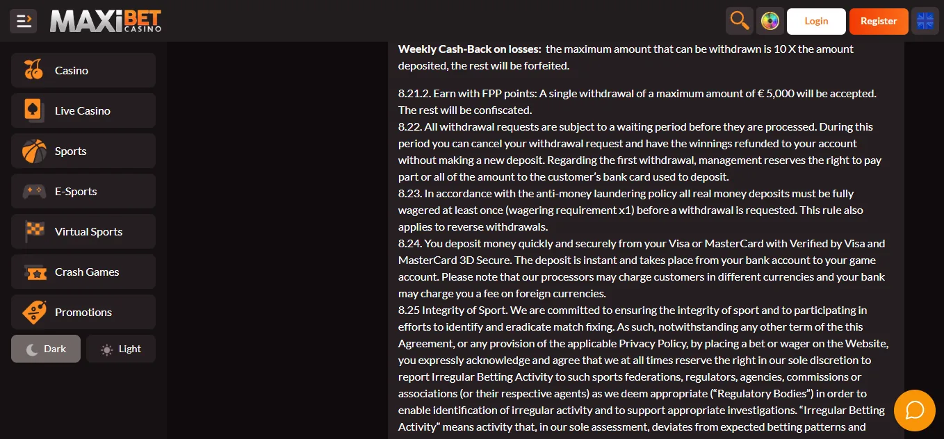 Screenshot of Maxibet Casino's withdrawal section and limits