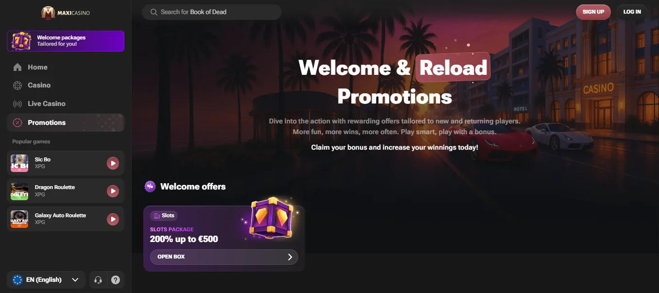 Screenshot of Maxi Casino's welcome bonus offer