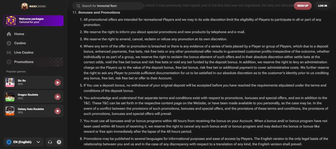 Screenshot of Maxi Casino's bonus terms and wagering requirements