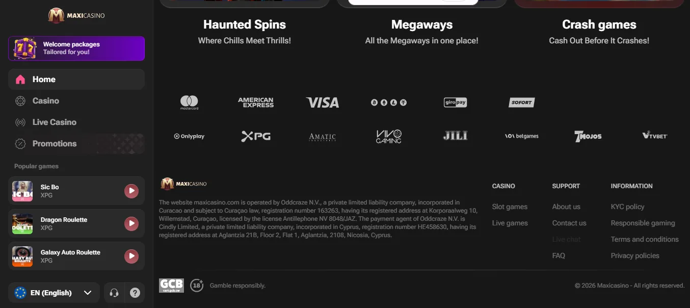 Screenshot of Maxi Casino's footer licence and regulator details