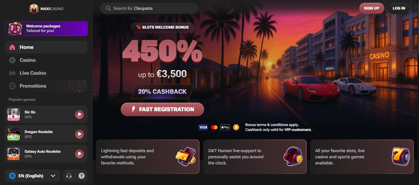 Screenshot of Maxi Casino's homepage