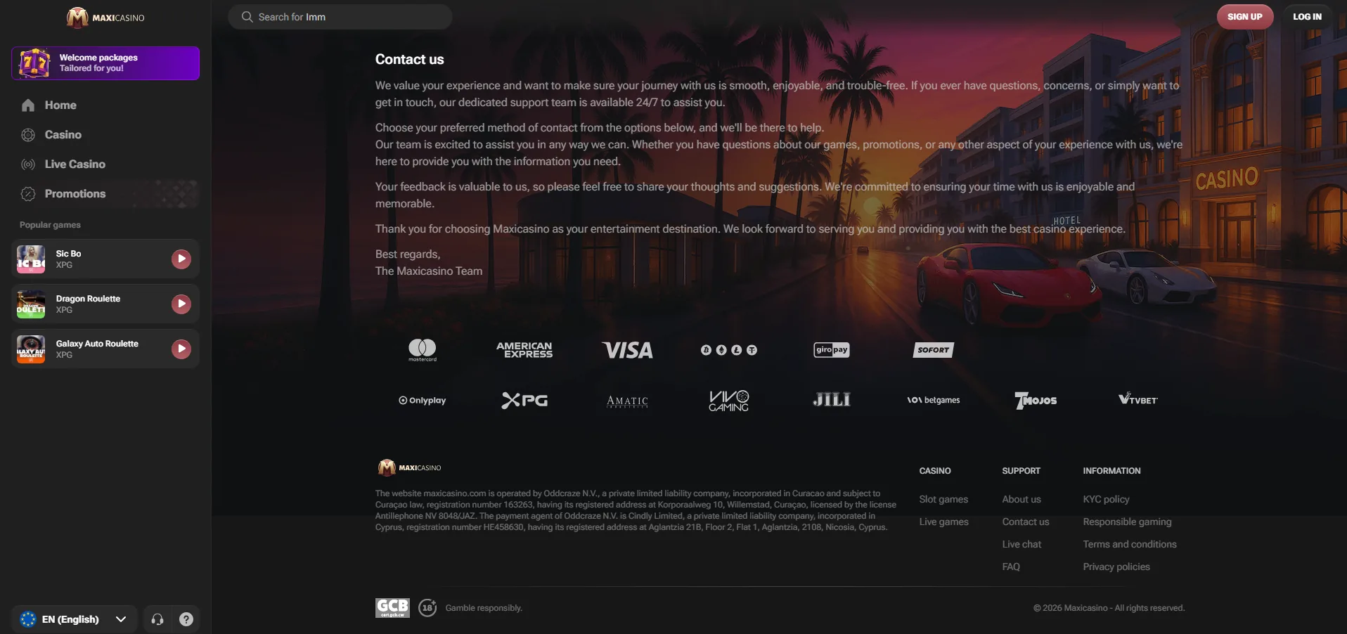 Screenshot of Maxi Casino's live chat support window