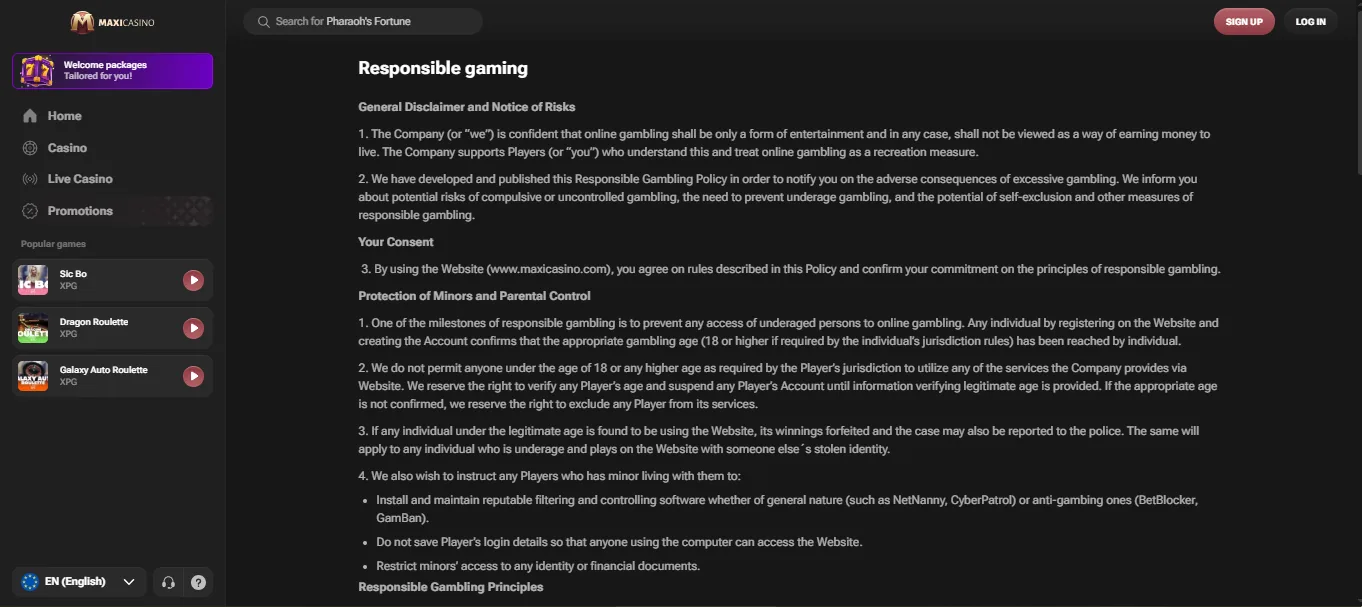 Screenshot of Maxi Casino's responsible-gambling tools