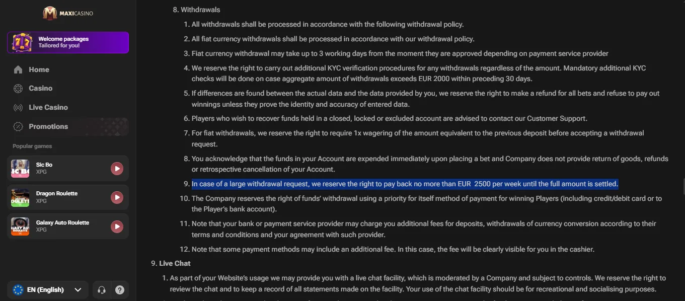 Screenshot of Maxi Casino's withdrawal section and limits