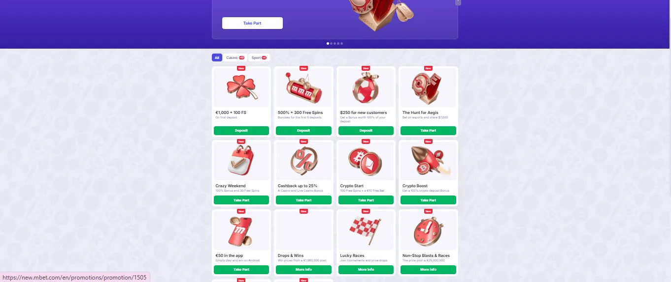 Screenshot of Mbet's welcome bonus offer