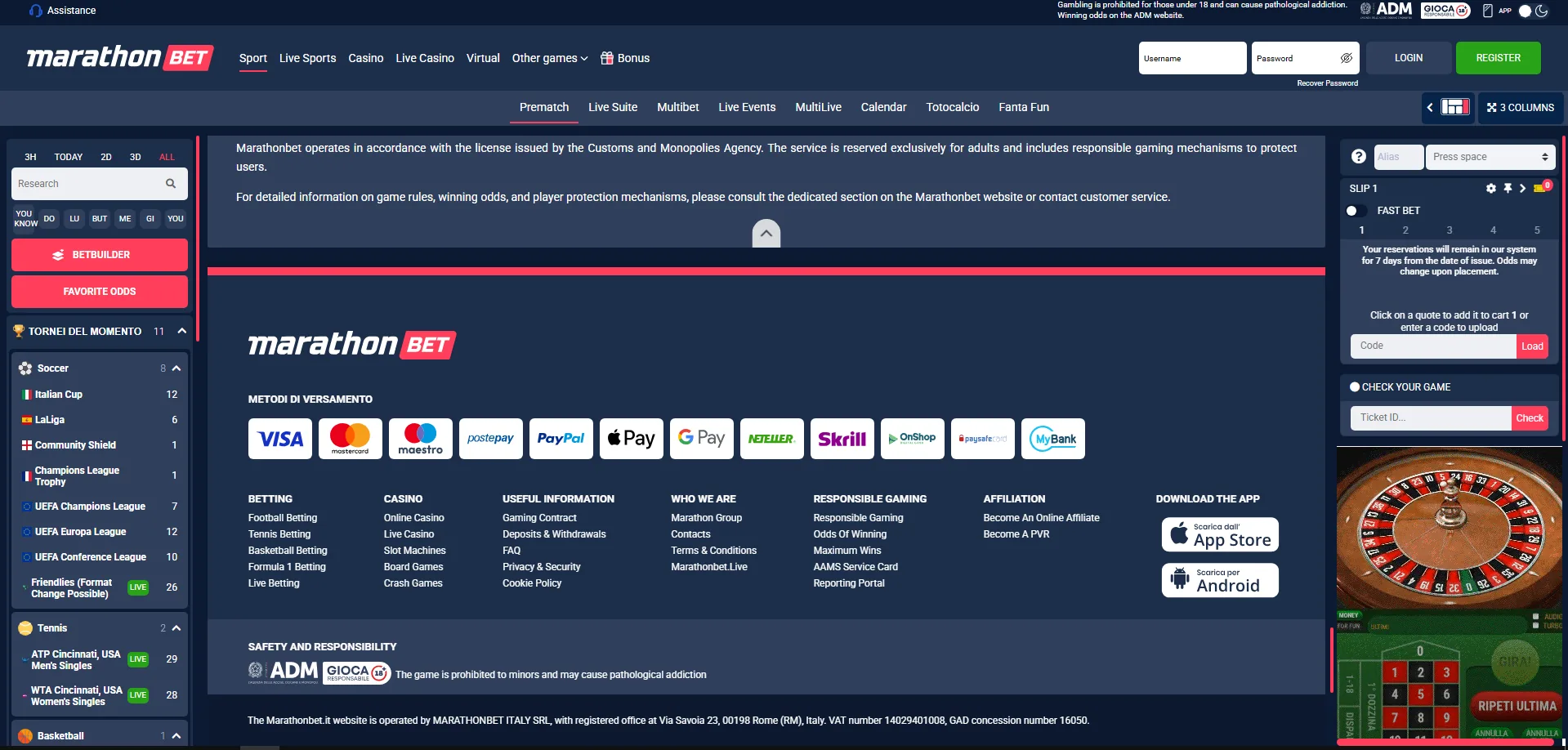 Screenshot of Mbet's cashier and payment methods