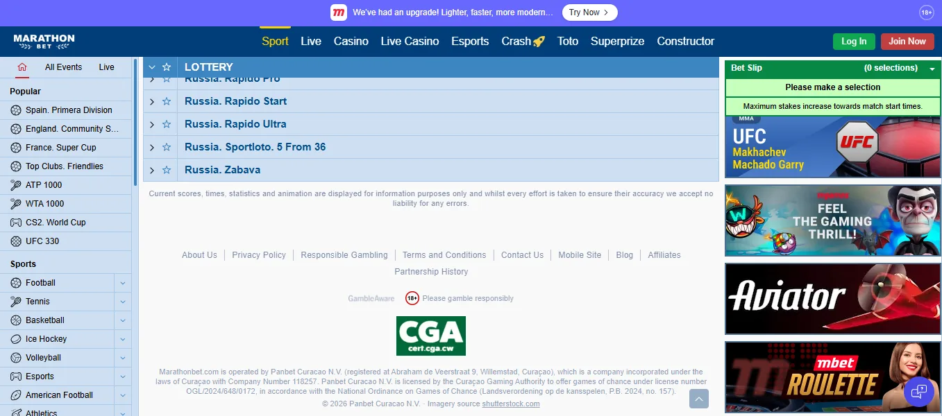 Screenshot of Mbet's footer licence and regulator details