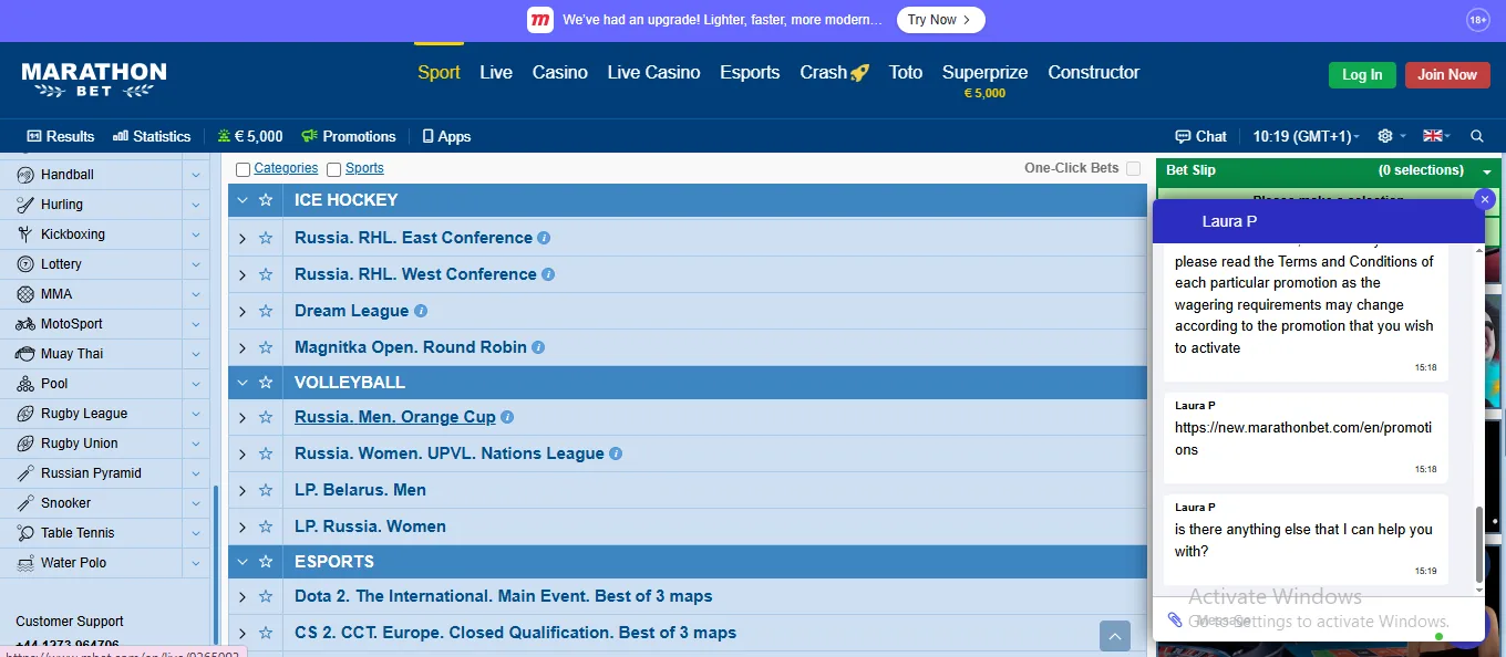 Screenshot of Mbet's live chat support window