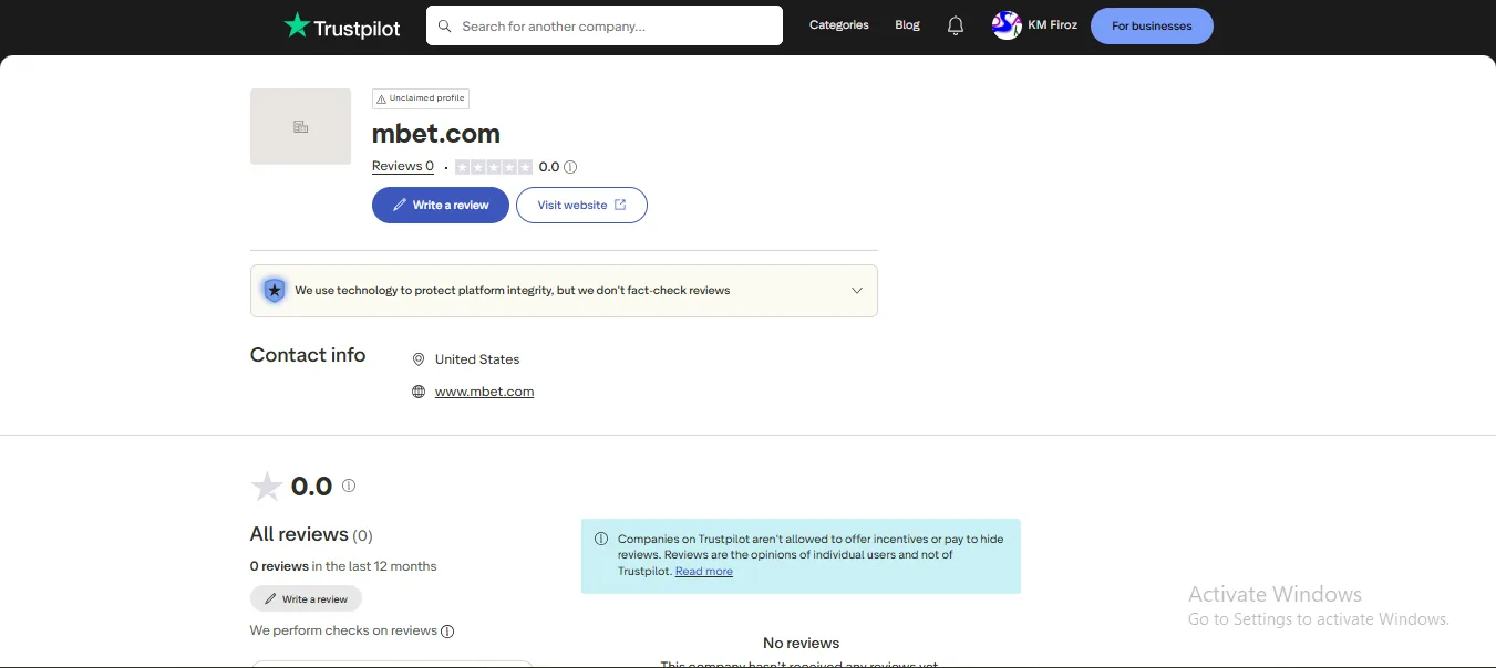 Screenshot of Mbet's Trustpilot rating overview