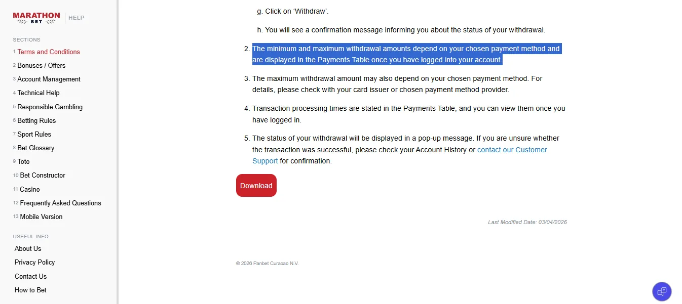 Screenshot of Mbet's withdrawal section and limits