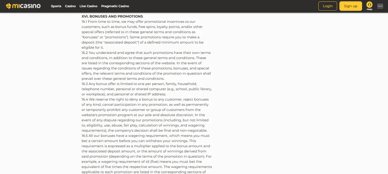 Screenshot of MiCasino's bonus terms and wagering requirements