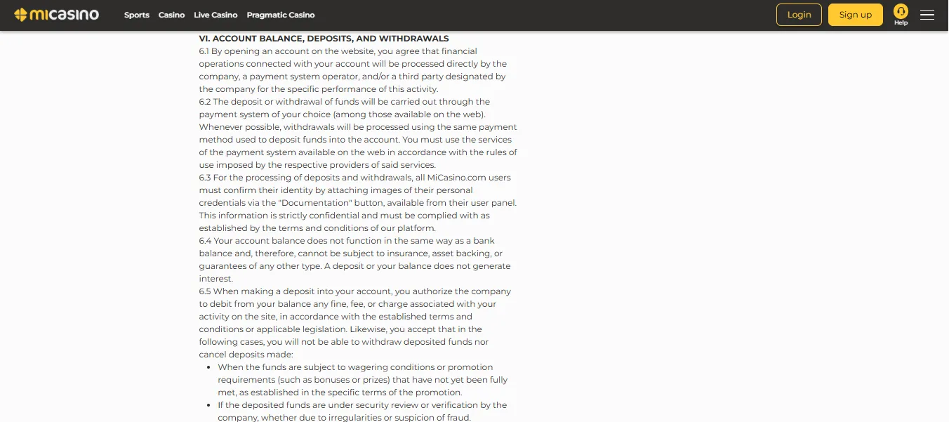Screenshot of MiCasino's cashier and payment methods