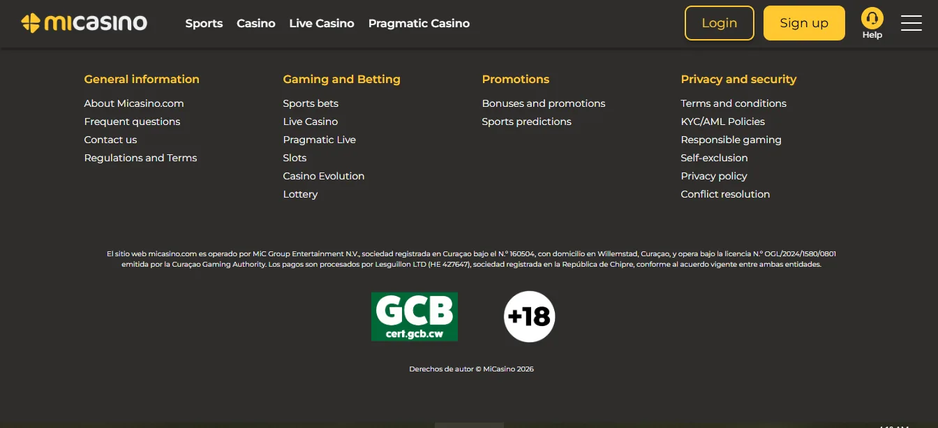 Screenshot of MiCasino's footer licence and regulator details