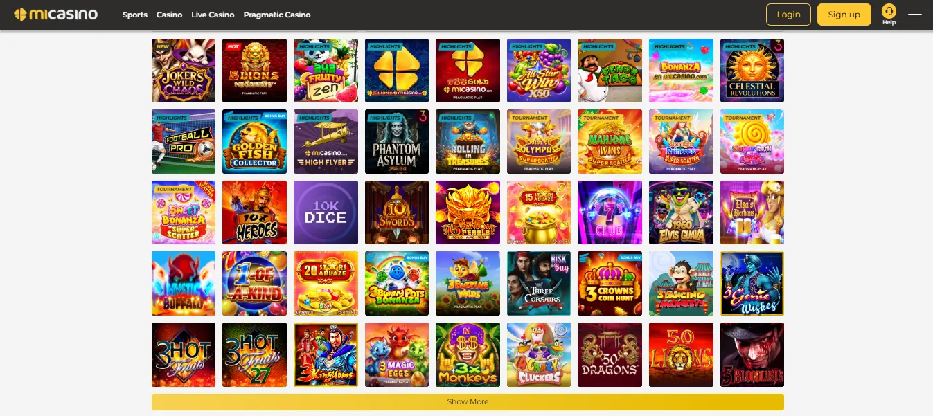 Screenshot of MiCasino's games lobby