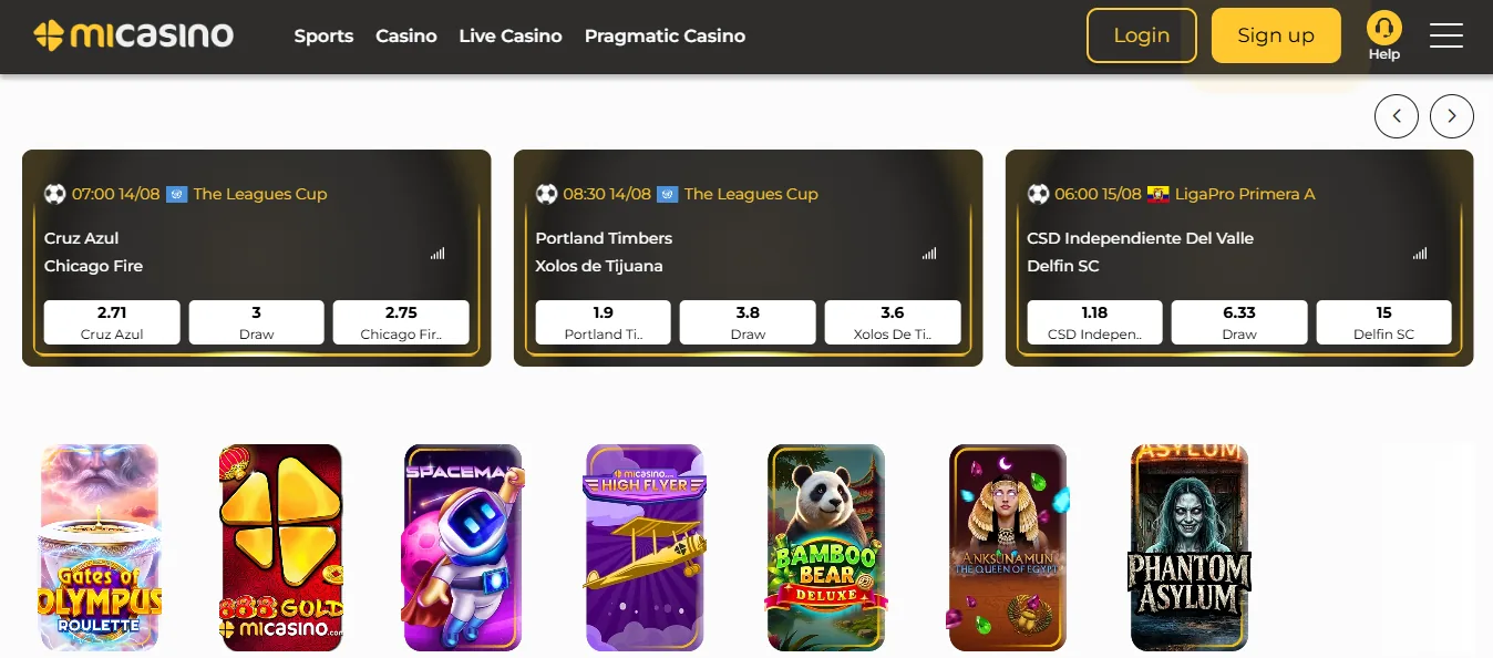 Screenshot of MiCasino's homepage
