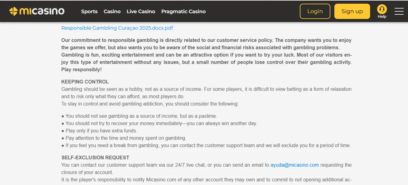 Screenshot of MiCasino's responsible-gambling tools