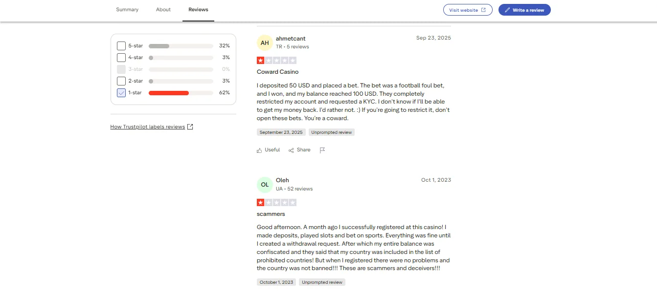 Screenshot of MiCasino's negative Trustpilot review