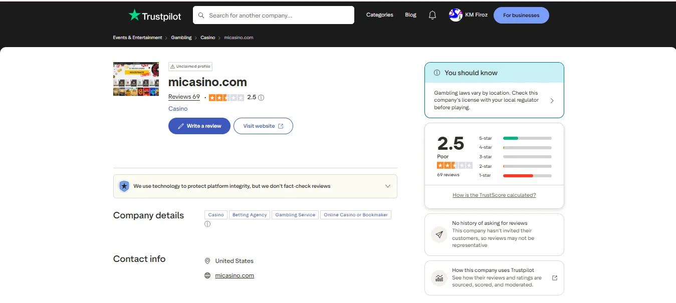 Screenshot of MiCasino's Trustpilot rating overview