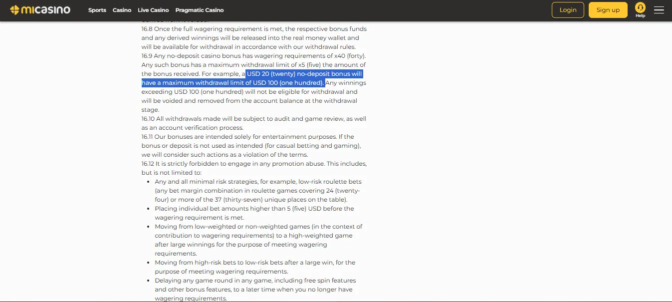 Screenshot of MiCasino's withdrawal section and limits