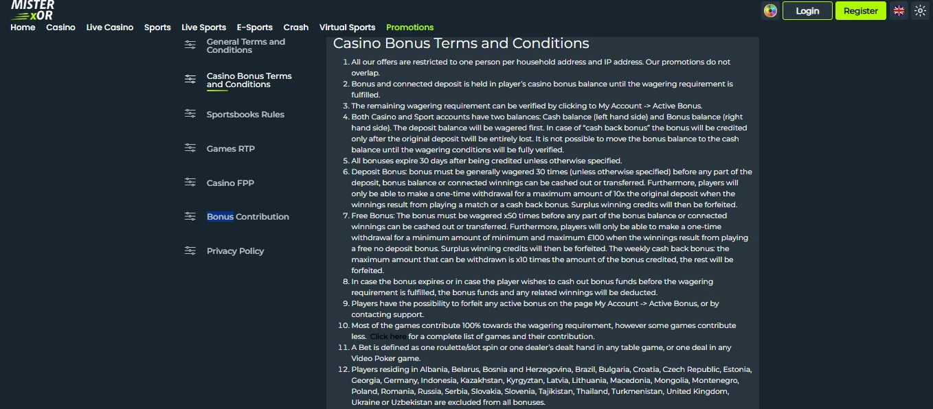 Screenshot of MisterXor's bonus terms and wagering requirements