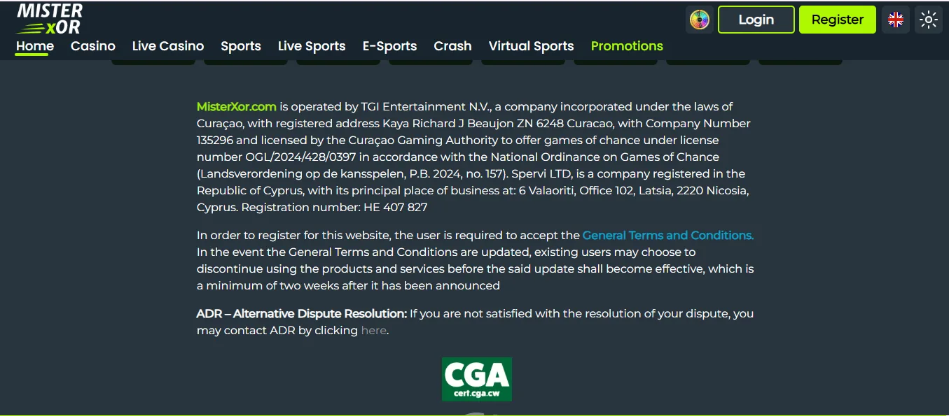 Screenshot of MisterXor's footer licence and regulator details