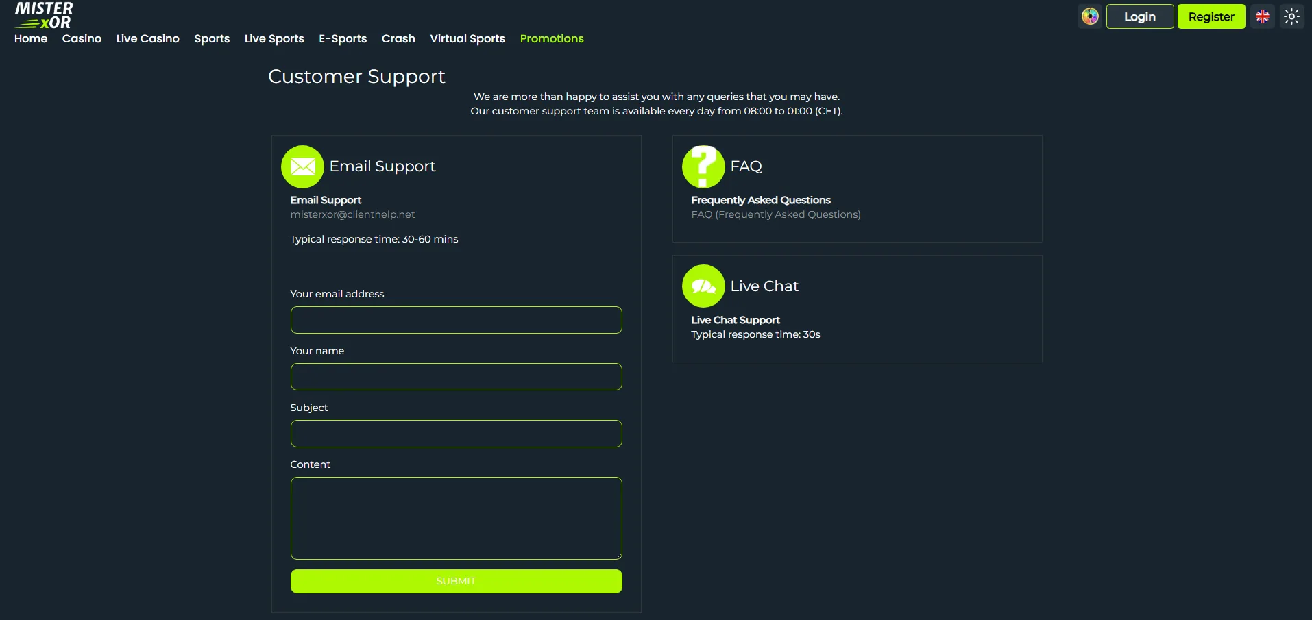 Screenshot of MisterXor's live chat support window