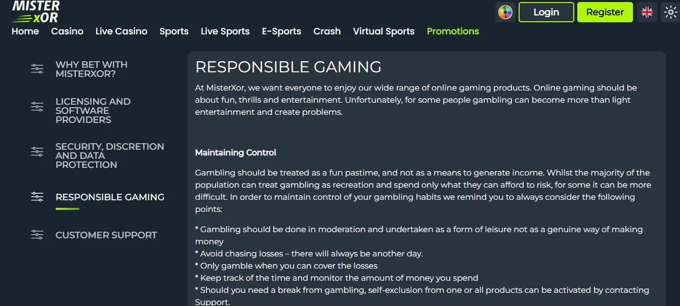 Screenshot of MisterXor's responsible-gambling tools