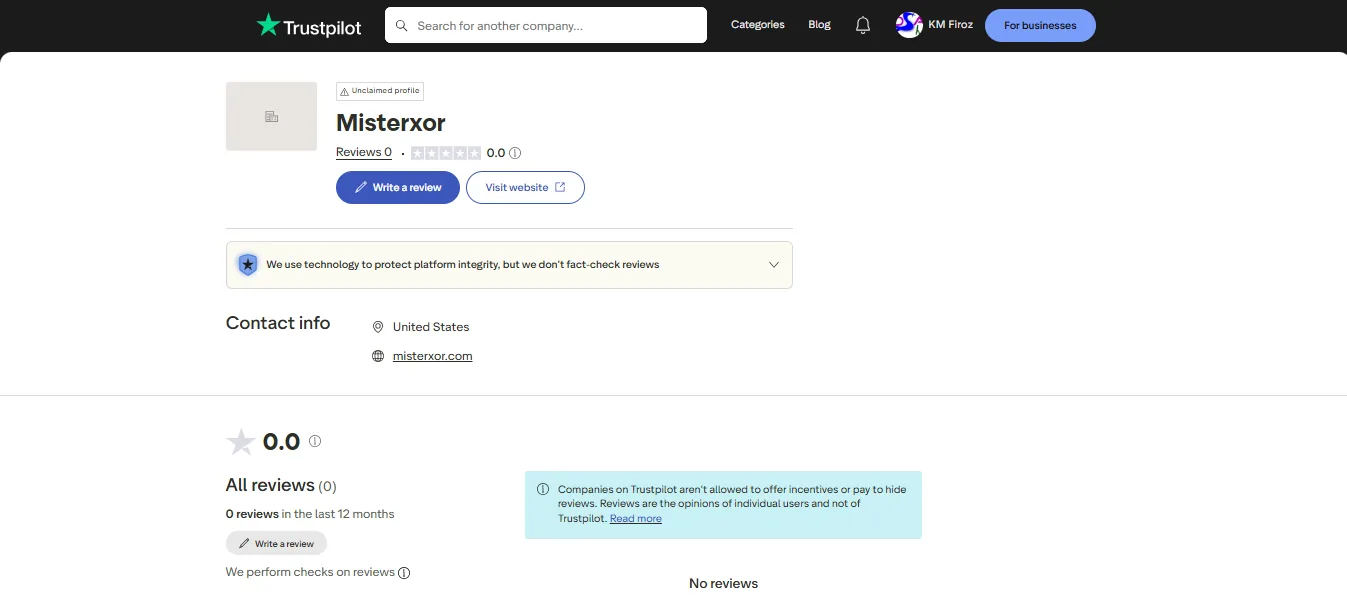 Screenshot of MisterXor's Trustpilot rating overview