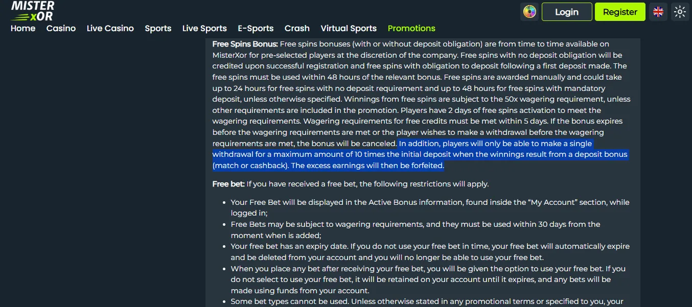 Screenshot of MisterXor's withdrawal section and limits